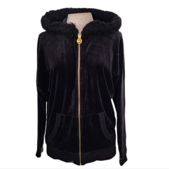 Michael Kors Velvet w Faux Fur Detail  & Metal Zipper Hoodie Jacket Blac… - Picture 10 of 15